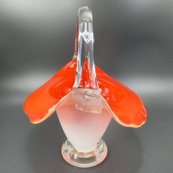 Vintage 1980s Venetian Art Glass Basket Bowl With Handle Red White Art Glass VTG - Picture 9 of 14